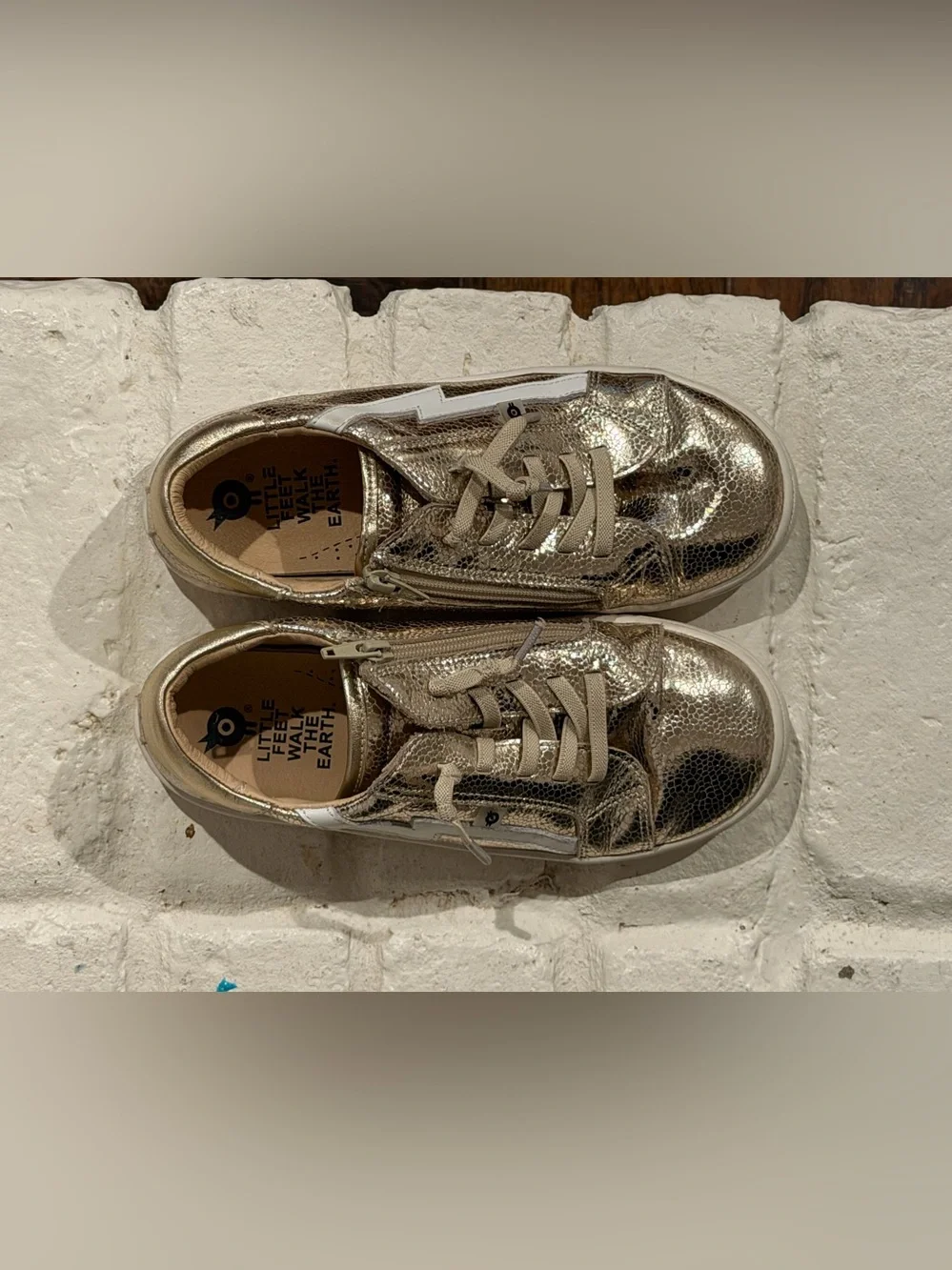 Girls Metallic Gold Lace-Up Sneakers with White Accent